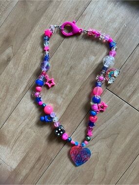 Pink & Blue Beaded Heart Necklace